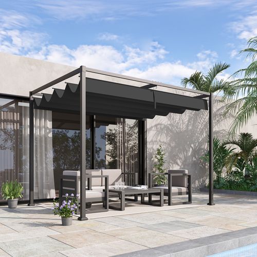 Pavillon En Pergola En Polyester Noir Et Gris Avec Toit Coulissant 298x213x221cm Pour Jardin