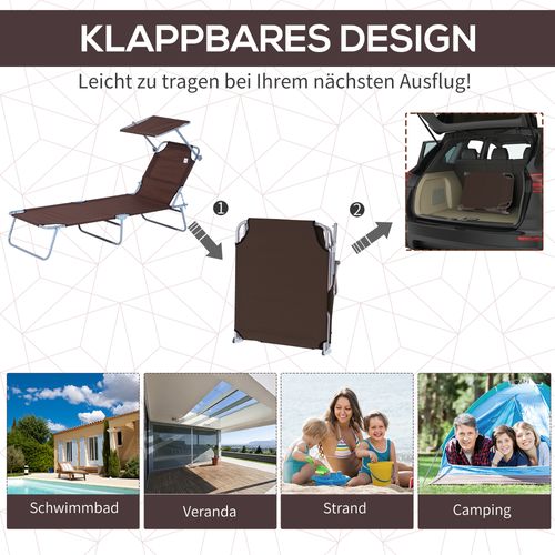 Transat Pliant En Aluminium Avec Protection Solaire, Brun 187x58x36 Cm Pour Terrasse Et Balcon