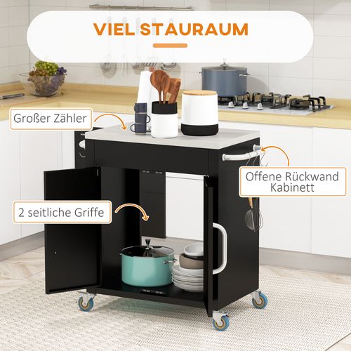 Chariot De Cuisine Avec Roulettes, Crochets Et Placard, Poignées Inox, Noir