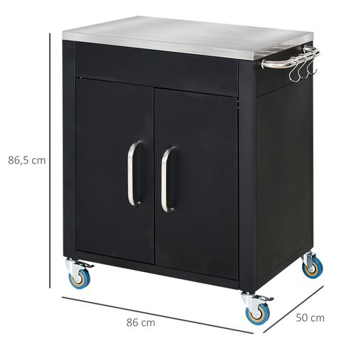 Chariot De Cuisine Avec Roulettes, Crochets Et Placard, Poignées Inox, Noir