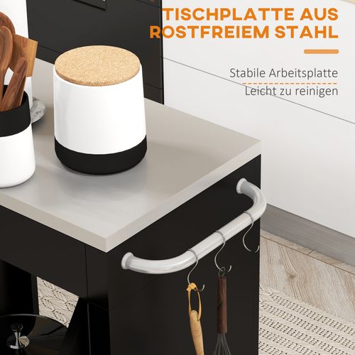 Chariot De Cuisine Avec Roulettes, Crochets Et Placard, Poignées Inox, Noir