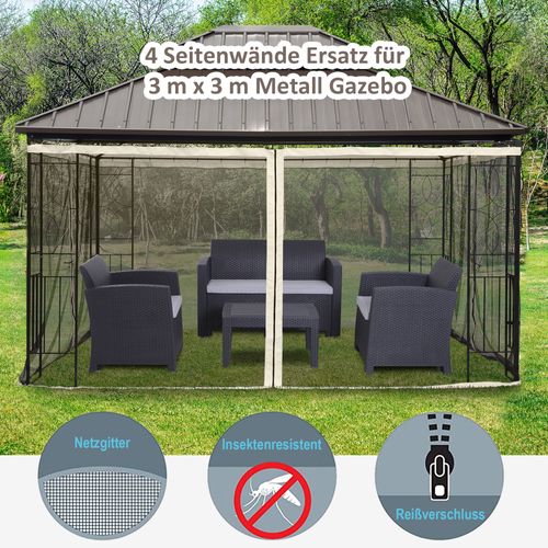 Moskitonetz Pour Pavillon 3x4m, Nylon-mesh, 4 Panneaux, Protection Insectes, Noir