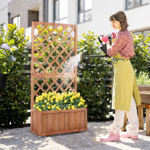 Jardinière Surélevée En Bois Naturel Avec Treillis, Pour Plantes Grimpantes Et Fleurs