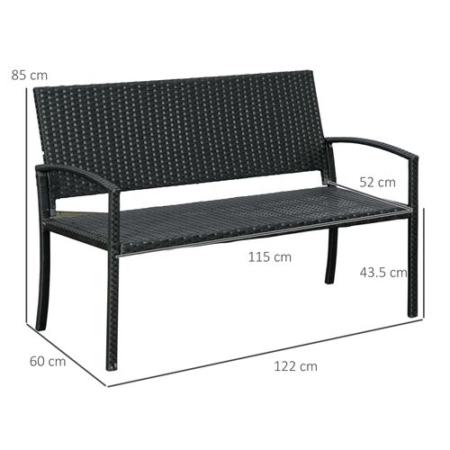 Banc De Jardin 2 Places En Polyrattan Avec Structure En Acier Et Tresses, Noir
