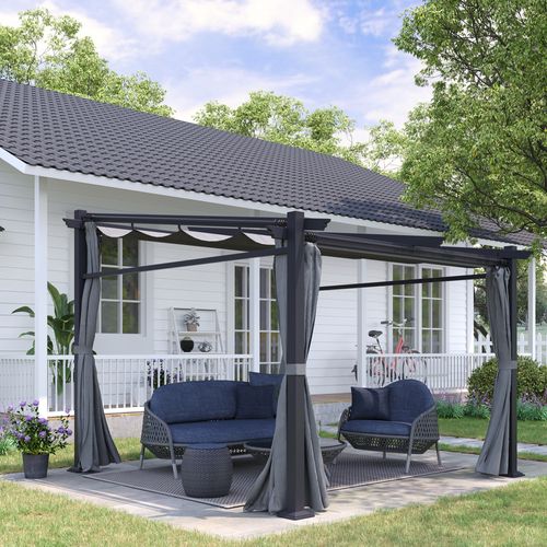 Pergola En Polyester, Imperméable, Avec Toit Solaire Et Panneaux Latéraux, Gris Foncé