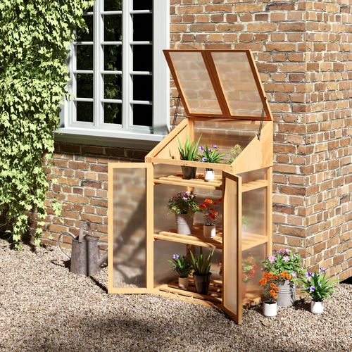 Serre Miniature En Bois, Abri De Jardin Avec Fenêtre, Double Porte, 3 Étagères, Brun