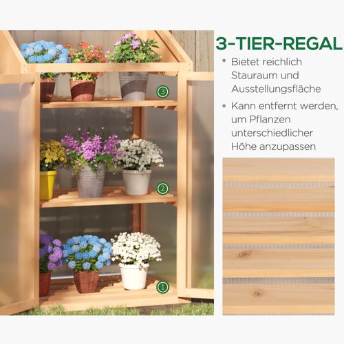 Serre Miniature En Bois, Abri De Jardin Avec Fenêtre, Double Porte, 3 Étagères, Brun