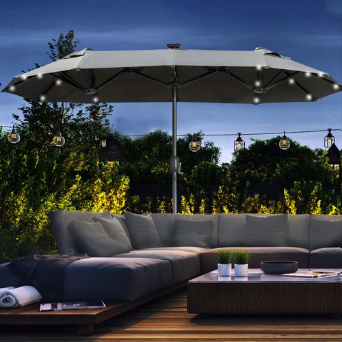 Parasol Double LED, 295x219 Cm, Résistant Au Vent, Inclinable, Terrasse Et Piscine, Gris Foncé