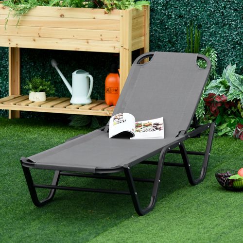 Chaise Longue En Aluminium Textilène 5 Positions, Pour Jardin Et Terrasse, Gris Noir