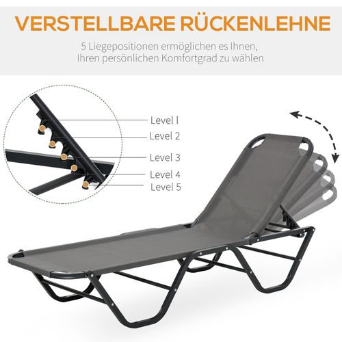 Chaise Longue En Aluminium Textilène 5 Positions, Pour Jardin Et Terrasse, Gris Noir