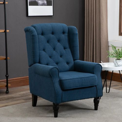 Fauteuil à oreilles capitonné bleu, dossier haut, accoudoirs arrondis, pieds en bois, bleu