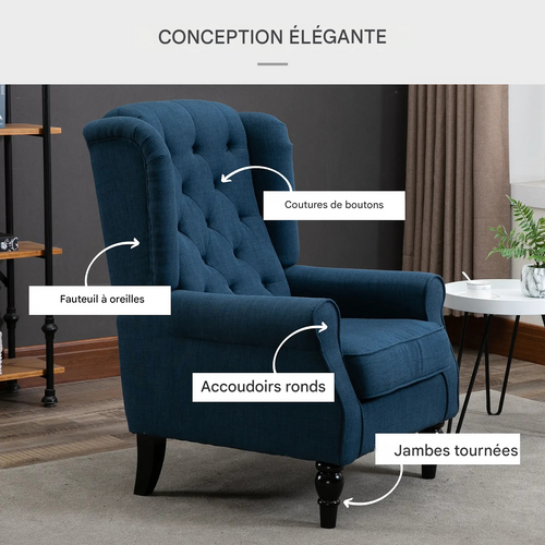 Fauteuil à oreilles capitonné bleu, dossier haut, accoudoirs arrondis, pieds en bois, bleu