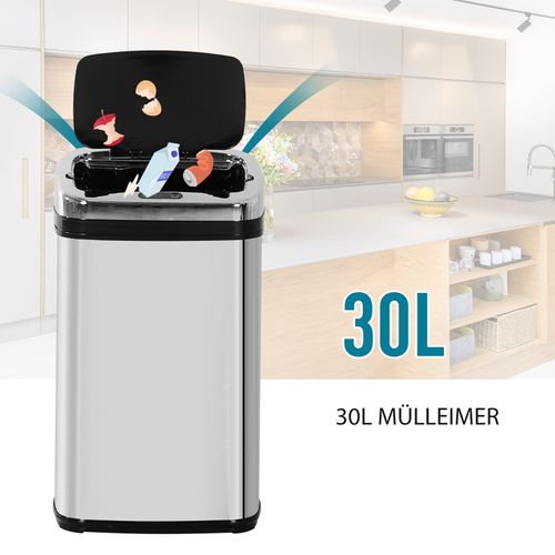 Poubelle Automatique 30l En Acier Inoxydable Avec Capteur Ir, Carrée, Option De Seau Intérieur