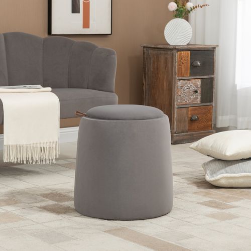Pouf Rond En Velours Avec Rangement Et Couvercle Amovible, Gris Foncé