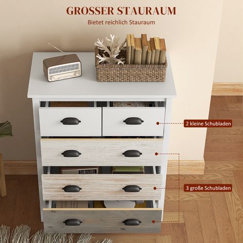 Commode En Bois Avec 5 Tiroirs Protection Anti-basculement, Blanc 70x38x85cm