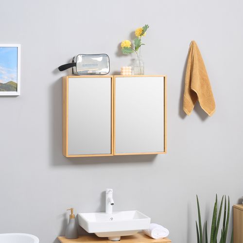 Armoire Miroir Murale Double Porte Avec 3 Étagères En Bambou, Naturel