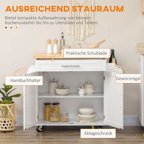 Chariot De Cuisine En Bois Avec Étagère à Épices, Plan De Travail, Blanc