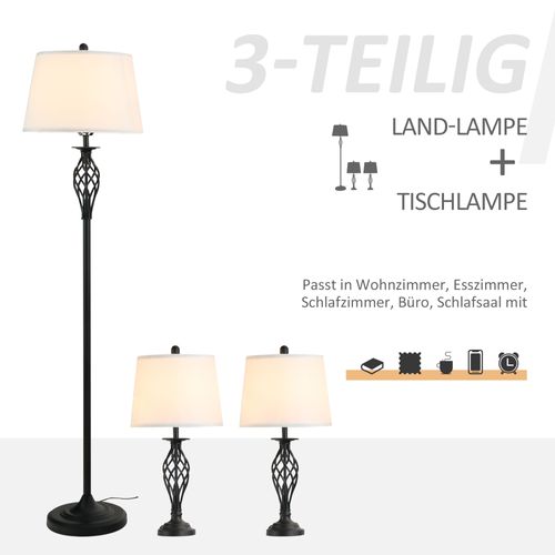 Set De 3 Lampes 2 Lampes De Table 1 Lampe Debout Métal Coton Vintage Ø38cm Ø62cm Pour Salon