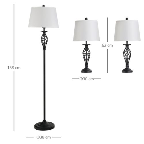 Set De 3 Lampes 2 Lampes De Table 1 Lampe Debout Métal Coton Vintage Ø38cm Ø62cm Pour Salon
