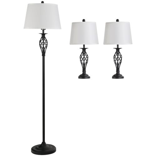 Set De 3 Lampes 2 Lampes De Table 1 Lampe Debout Métal Coton Vintage Ø38cm Ø62cm Pour Salon