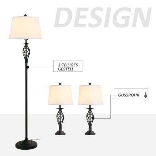 Set De 3 Lampes 2 Lampes De Table 1 Lampe Debout Métal Coton Vintage Ø38cm Ø62cm Pour Salon