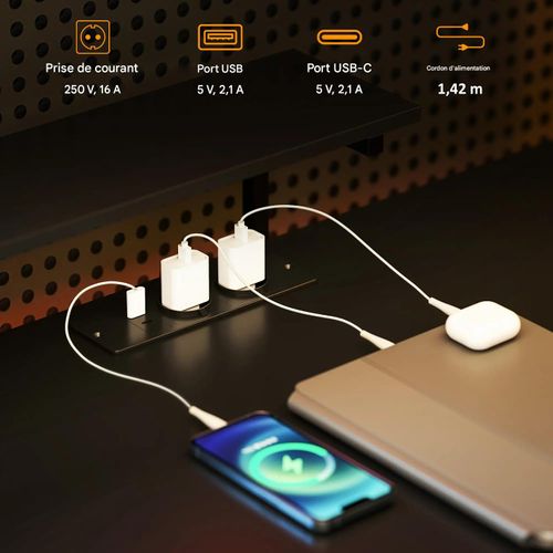 Bureau d’angle en L avec 6 étagères et station de charge USB, support écran, noir