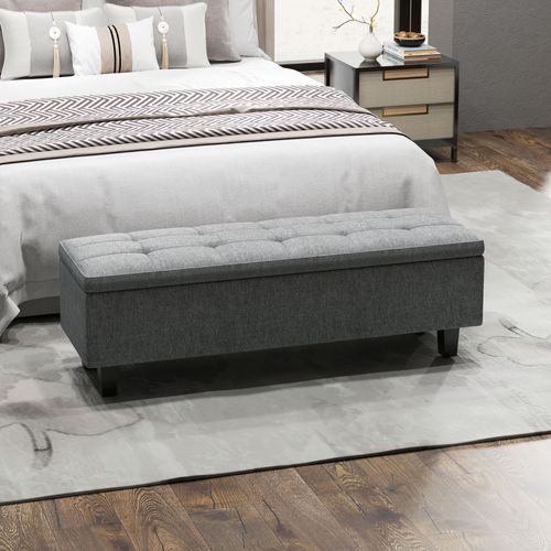 Banc Coffre En Tissu Effet Lin 138x40x45cm, Pieds Bois, Style Moderne, Gris Foncé