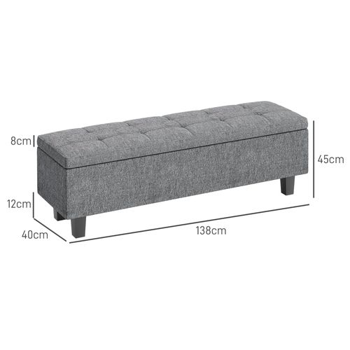 Banc Coffre En Tissu Effet Lin 138x40x45cm, Pieds Bois, Style Moderne, Gris Foncé