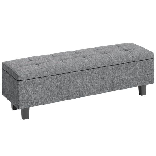Banc Coffre En Tissu Effet Lin 138x40x45cm, Pieds Bois, Style Moderne, Gris Foncé