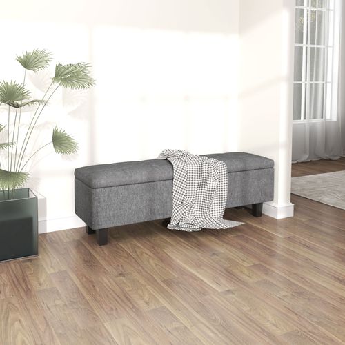 Banc Coffre En Tissu Effet Lin 138x40x45cm, Pieds Bois, Style Moderne, Gris Foncé