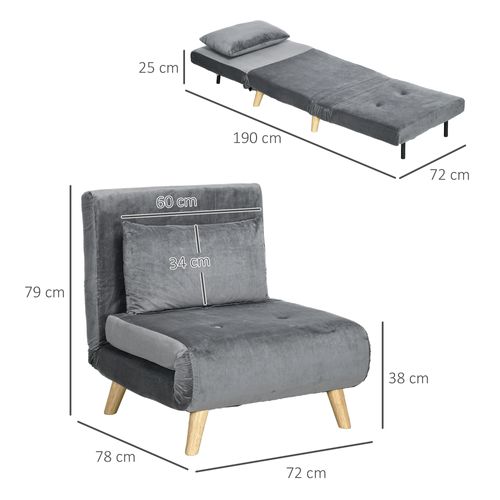 Fauteuil-lit Pliable En Tissu Gris Avec Coussin, Dossier Réglable, Jusqu'à 125 Kg