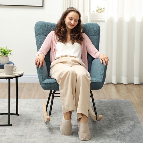 Fauteuil à Bascule, Imitation Berber, Accoudoirs, Bleu Clair