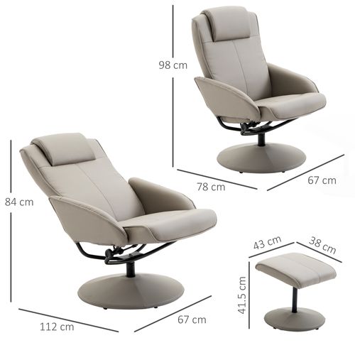Fauteuil Pivotant 360°, Repose-pieds, Accoudoirs Confortables, Tissu, Salon, Gris