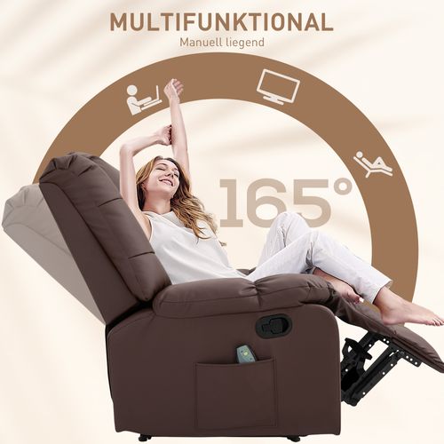 Fauteuil TV Électrique Inclinable 165°, 8 Points De Massage, Télécommande, Pu, Brun