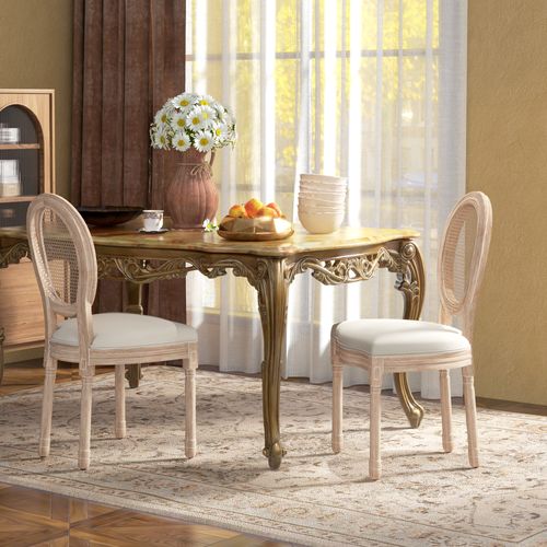 Chaises Salle à Manger Lin Et Bois 2 Pièces Dossier Et Assise Rattan Look,  Crème