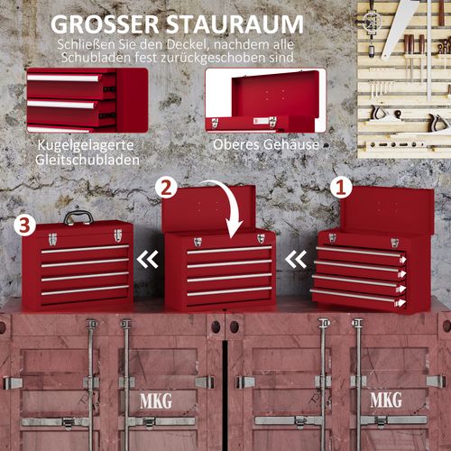 Boîte à Outils Vide En Acier, 4 Tiroirs, Compartiment Supérieur, Verrouillable, 51 X 22 X 39,5 Cm