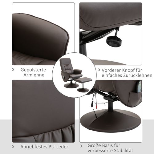 Lot De 2 Fauteuils TV En Similicuir, 10 Massages, Pivotants 360°, Inclinables, Brun