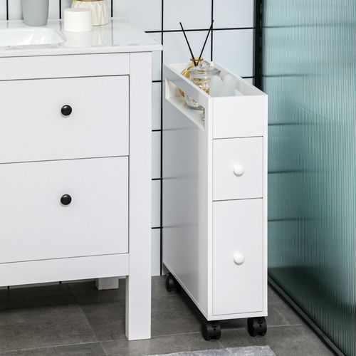 Armoire De Salle De Bain Avec Roulettes, 2 Tiroirs Et Compartiment Ouvert, Blanc, 16x49,5x66 Cm