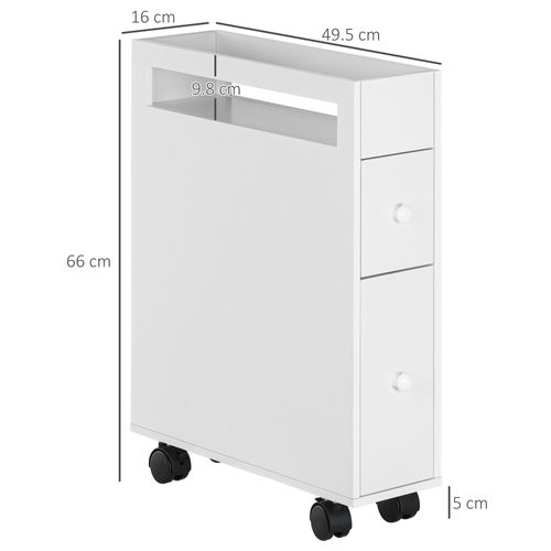 Armoire De Salle De Bain Avec Roulettes, 2 Tiroirs Et Compartiment Ouvert, Blanc, 16x49,5x66 Cm