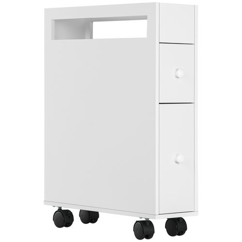 Armoire De Salle De Bain Avec Roulettes, 2 Tiroirs Et Compartiment Ouvert, Blanc, 16x49,5x66 Cm