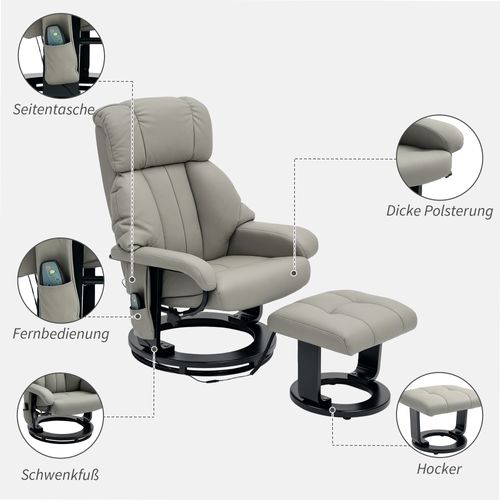 Fauteuil Relax Électrique En Similicuir Avec Repose-pieds, Poches Et Massage, Gris