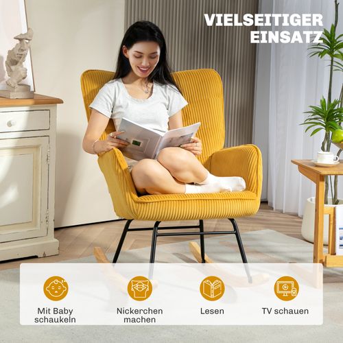 Fauteuil à Bascule, Berbervlies, Accoudoirs, Pieds En Bois, Jaune, Pour Salon