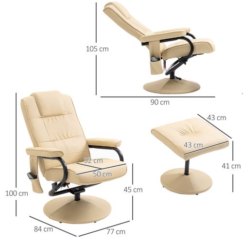 Fauteuil TV En Similicuir 77x84x95 Cm Avec Massage, Fonction Allongée Et Repose-pieds, Crème