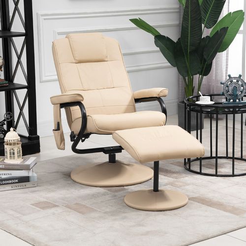 Fauteuil TV En Similicuir 77x84x95 Cm Avec Massage, Fonction Allongée Et Repose-pieds, Crème