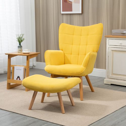Fauteuil Relax à Oreilles Avec Repose-pieds, Tissu Côtelé, Pieds Bois, Jaune, Salon Confortable