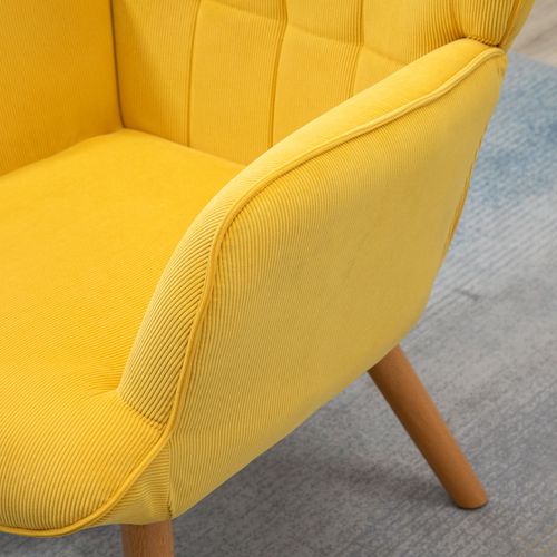 Fauteuil Relax à Oreilles Avec Repose-pieds, Tissu Côtelé, Pieds Bois, Jaune, Salon Confortable