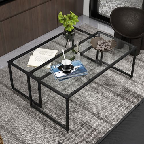 Tables 2 pcs En Acier Noir, Plateau En Verre, Style Moderne, Salon/chambre
