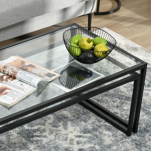 Tables 2 pcs En Acier Noir, Plateau En Verre, Style Moderne, Salon/chambre