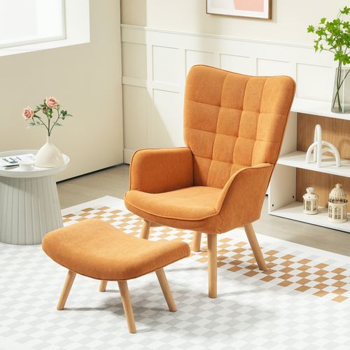Fauteuil à Oreilles Avec Repose-pieds, Tissu Côtelé Tufté, Pieds Bois, Haut Dossier, Brun