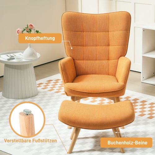 Fauteuil à Oreilles Avec Repose-pieds, Tissu Côtelé Tufté, Pieds Bois, Haut Dossier, Brun